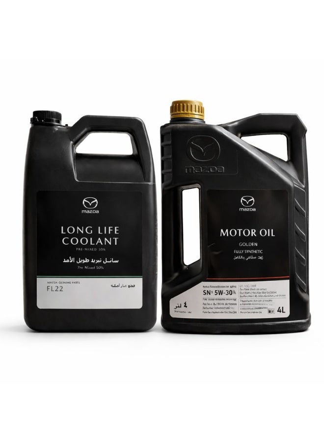 مازدا باكج صيانة مازدا: زيت محرك جولدن SN 5W-30 + سائل تبريد FL22 طويل العمر (4 لتر + 4 لتر) - Image 1